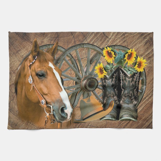 Horse Cowboy Boots Wagon Wheel Sunflowers Western Tea Towel (Horizontal)