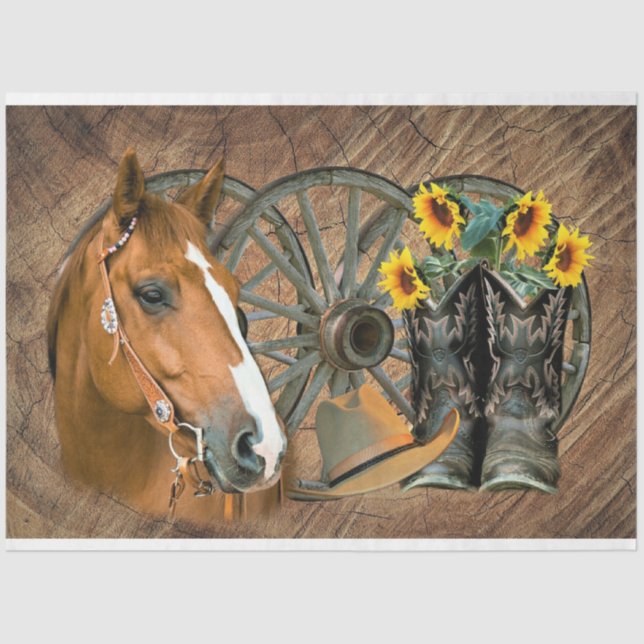 Horse Cowboy Boots Wagon Wheel Sunflowers Western Tissue Paper (Front)