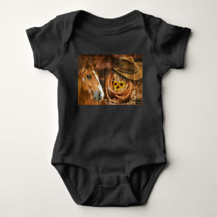 Horse Cowboy Hat Lasso Sunflower Rustic Barn Board Baby Bodysuit