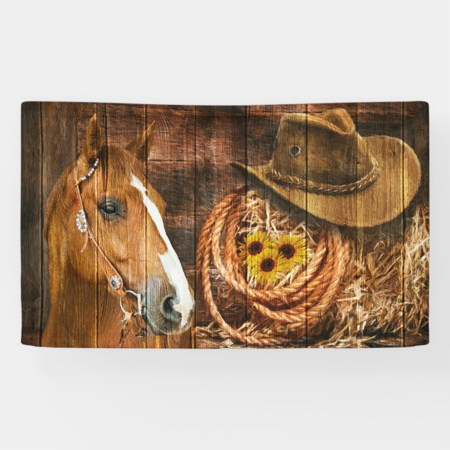 Horse Cowboy Hat Lasso Sunflower Rustic Barn Board Banner (Horizontal)