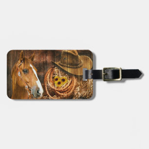 Horse Cowboy Hat Lasso Sunflower Rustic Barn Board Luggage Tag