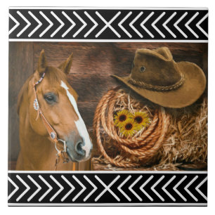 Horse Cowboy Hat Lasso Western Pattern Ceramic Tile