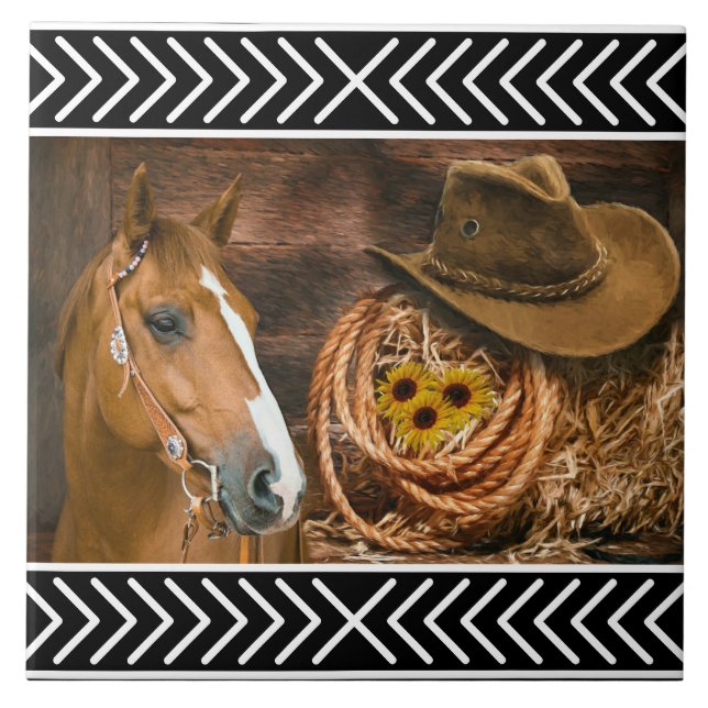 Horse Cowboy Hat Lasso Western Pattern Ceramic Tile (Front)