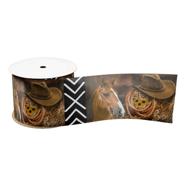 Horse Cowboy Hat Lasso Western Pattern Ribbon Satin Ribbon (Spool)