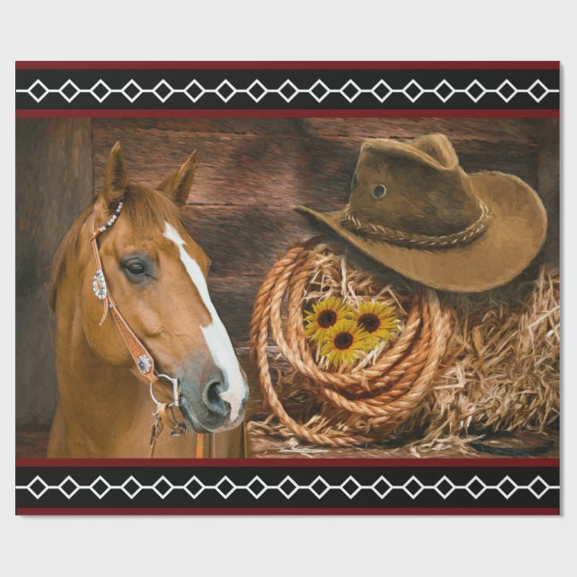 Horse Cowboy Hat Lasso Western Pattern  Wrapping Paper (Flat)