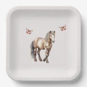 Horse Cream Butterflies Birthday Paper Plate