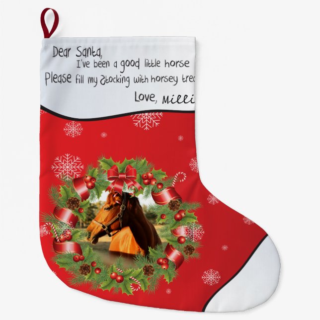 Horse Dear Santa YOUR PHOTO Name Round Frame Red Large Christmas Stocking (Front)