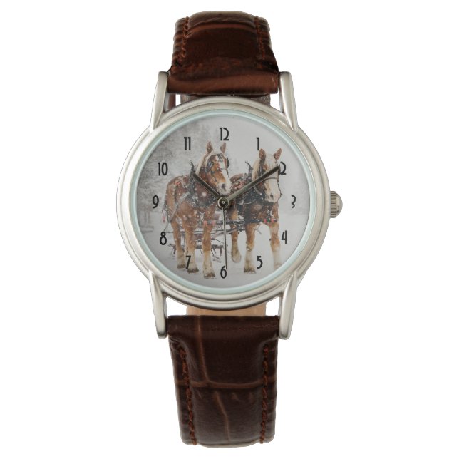 Horse Drawn Sleigh Christmas Scene Watch (Front)