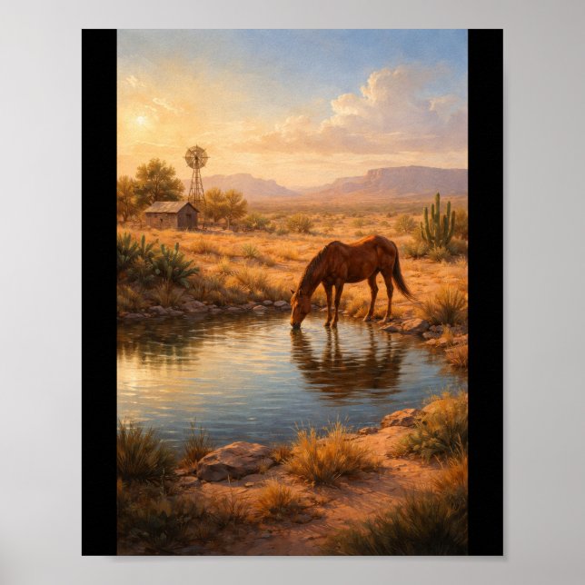 Horse drinking at a small pond poster (Front)
