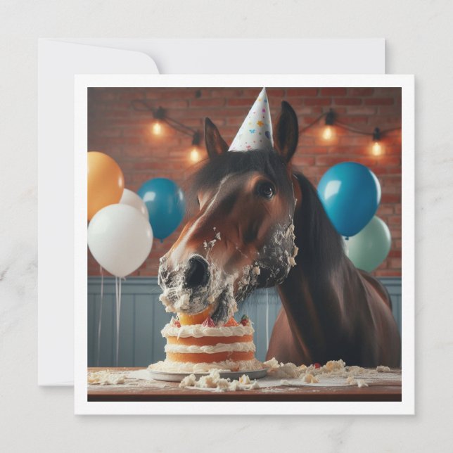 Horse eating cake birthday invitation, Horse lover Invitation (Front)