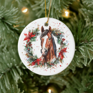 Horse Equestrian Christmas Wreath Festive Ceramic Ornament