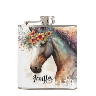 Horse face with flower wreath hip flask