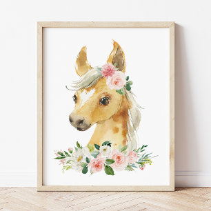 Horse, Farm Animals, Pink Flowers, Girl Nursery Photo Print