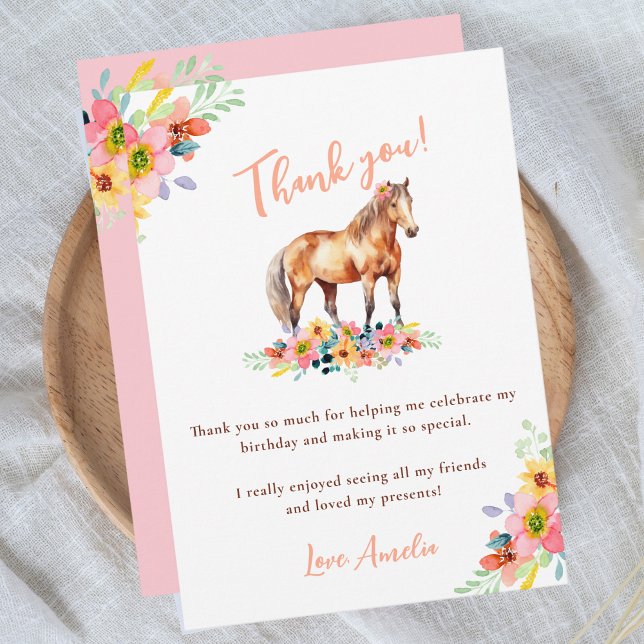 Horse Floral Birthday Party Pony Pink Thank You Card (Creator Uploaded)
