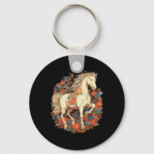 Horse Flower Floral Horseback Riding Equestrian Key Ring