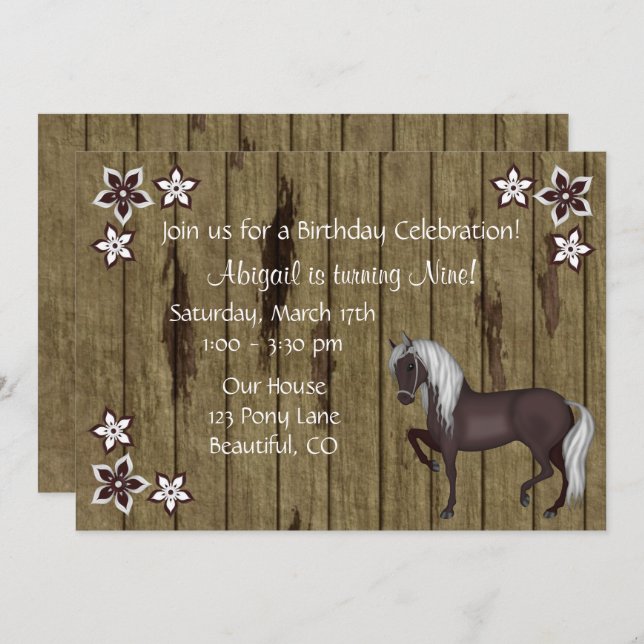 Horse, Flowers, Wood Bkg Western Birthday Invite (Front/Back)