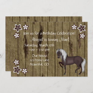 Horse, Flowers, Wood Bkg Western Birthday Invite