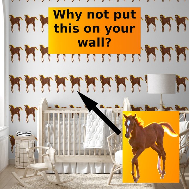 Horse Foal Golden Brown on White Pattern Wallpaper (Nursery Room)