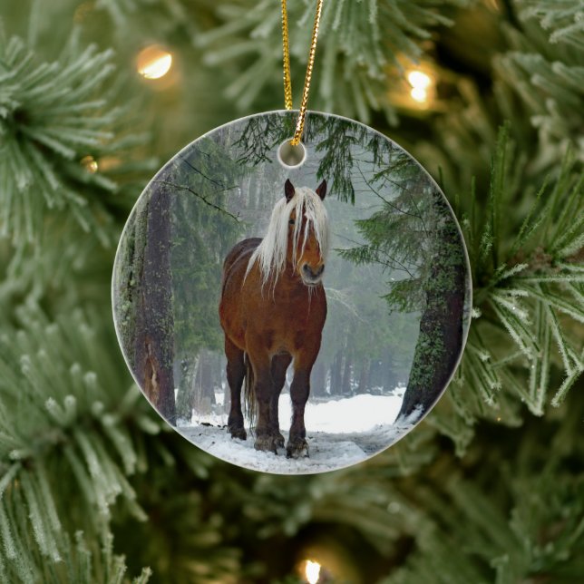 Horse Forest Snow Watercolor Ceramic Ornament (Tree)