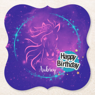 Horse Galaxy Happy Birthday Personalised Paper Coaster