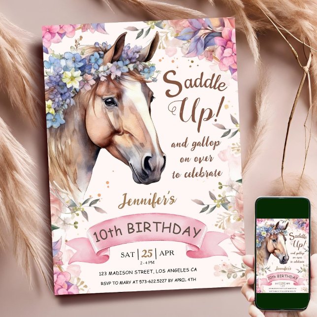 Horse Girl 10th Birthday Pink Flowers Saddle Up Invitation (Creator Uploaded)
