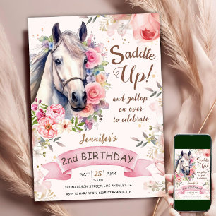 Horse Girl 2nd Birthday Pink Flowers Saddle Up Invitation