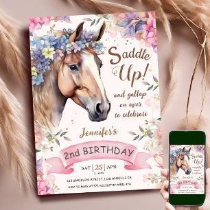 Horse Girl 2nd Birthday Pink Flowers Saddle Up Invitation