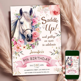 Horse Girl 4th Birthday Pink Flowers Saddle Up Invitation