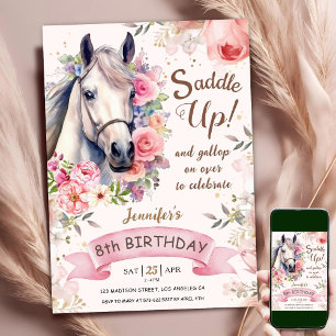 Horse Girl 8th Birthday Pink Flowers Saddle Up  Invitation