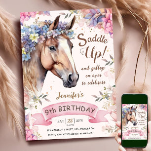 Horse Girl 9th Birthday Pink Flowers Saddle Up Invitation