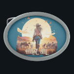 Horse girl Cowgirl horse lover desert sunset Belt Buckle<br><div class="desc">Horse girl design with a horse girl,  cowgirl,  her horses in the desert in the sunset.</div>