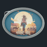 Horse girl Cowgirl horse lover desert sunset Belt Buckle<br><div class="desc">Horse girl design with a horse girl,  cowgirl,  her horses in the desert in the sunset.</div>