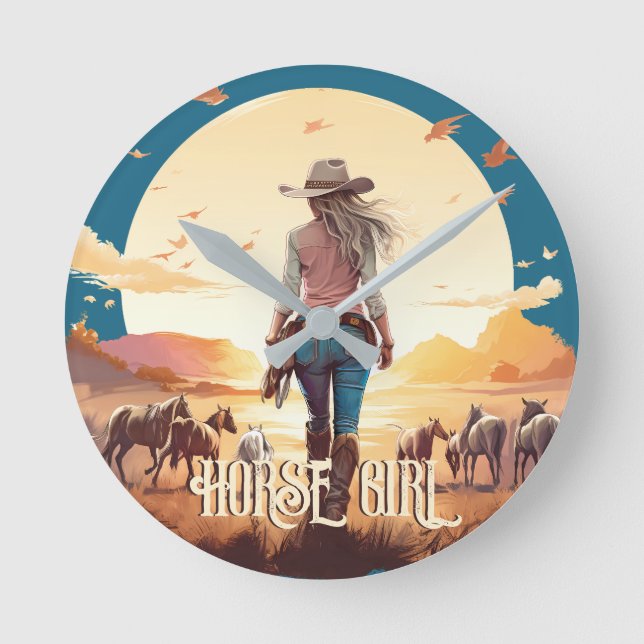 Horse girl Cowgirl horse lover desert sunset Round Clock (Front)