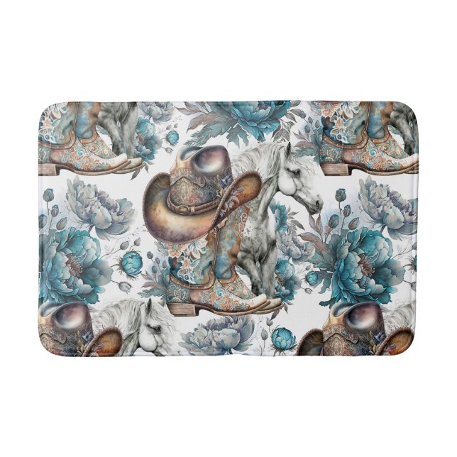 Horse girl cowgirl pattern turquoise floral bath mat (Front)