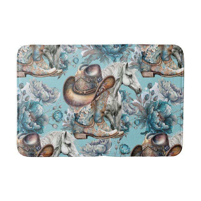 Horse girl cowgirl pattern turquoise floral bath mat (Front)