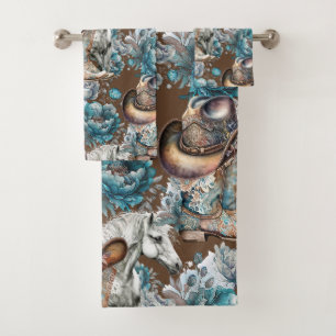 Horse girl cowgirl pattern turquoise floral bath towel set