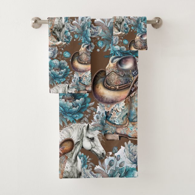 Horse girl cowgirl pattern turquoise floral bath towel set (Insitu)