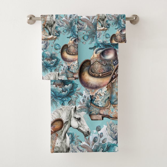Horse girl cowgirl pattern turquoise floral bath towel set (Insitu)