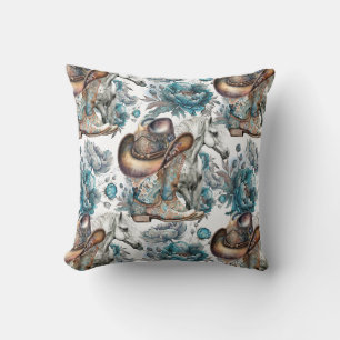 Horse girl cowgirl pattern turquoise floral cushion