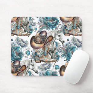 Horse girl cowgirl pattern turquoise floral mouse pad