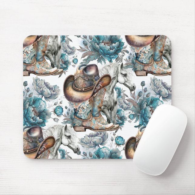 Horse girl cowgirl pattern turquoise floral mouse pad (With Mouse)