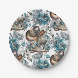 Horse girl cowgirl pattern turquoise floral paper plate
