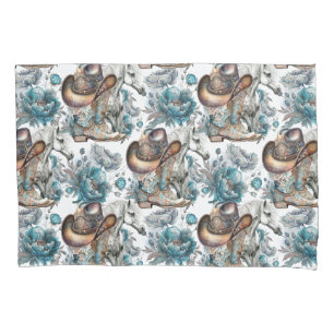 Horse girl cowgirl pattern turquoise floral pillowcase