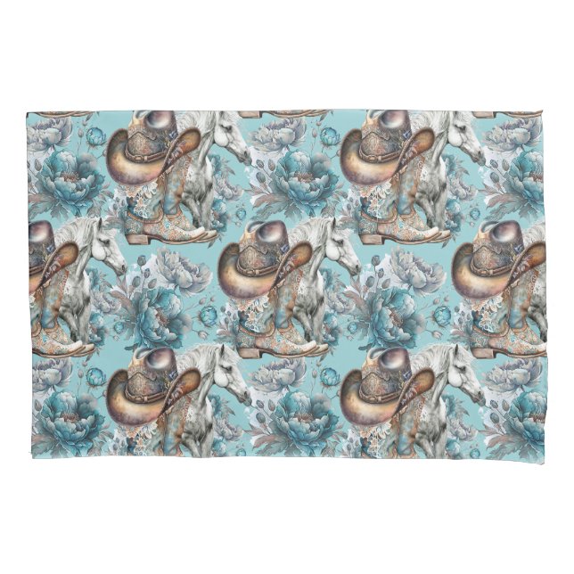 Horse girl cowgirl pattern turquoise floral pillowcase (Front)