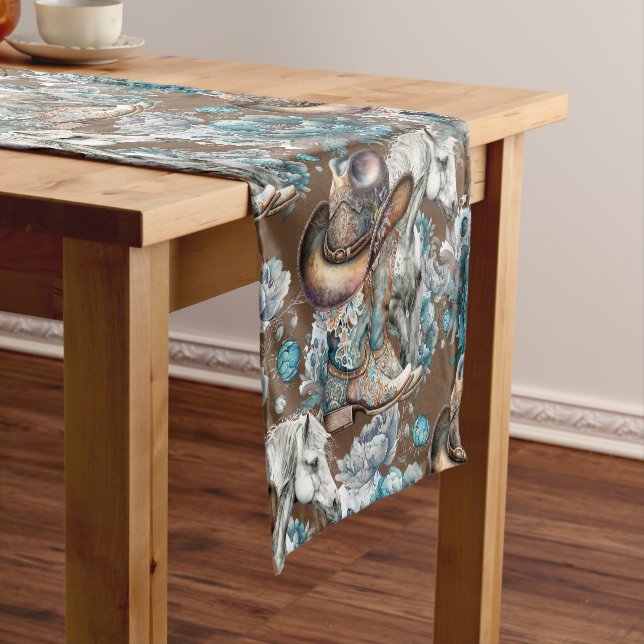Horse girl cowgirl pattern turquoise floral short table runner (In Situ)