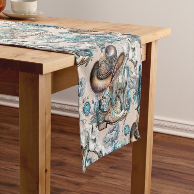 Horse girl cowgirl pattern turquoise floral short table runner (In Situ)