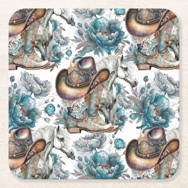 Horse girl cowgirl pattern turquoise floral square paper coaster (Front)