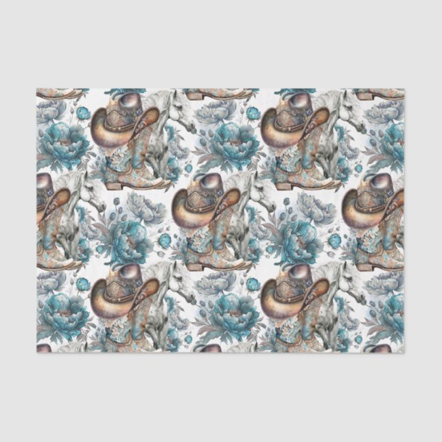 Horse girl cowgirl pattern turquoise floral tissue paper (Front)