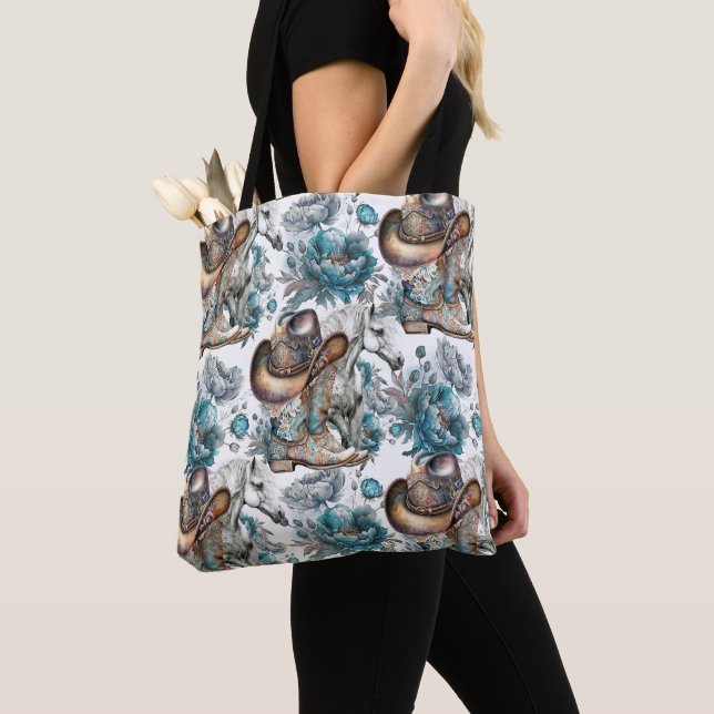 Horse girl cowgirl pattern turquoise floral tote bag (Close Up)