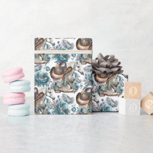 Horse girl cowgirl pattern turquoise floral wrapping paper